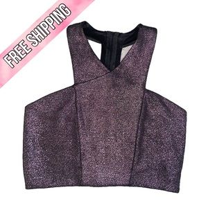 Express criss-cross high neck sparkly crop top w/ back zipper - eggplant purple
